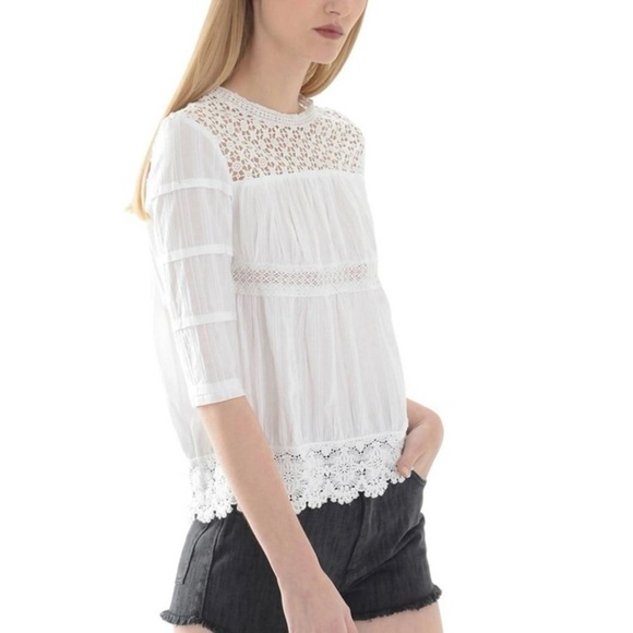 Maje Crochet Lace Yoke Button Back Cotton Top Ivory Small - Picture 4 of 16